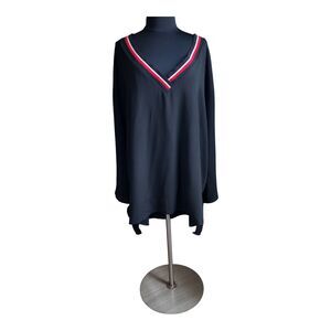 New Look Black Chiffon Oversized Top White &Red Trim V-Neck Preppy Athletic 3X
